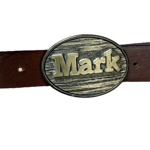 Oden Brown Leather Belt with Personalized -MARK- Name Buckle Size 26”-28”